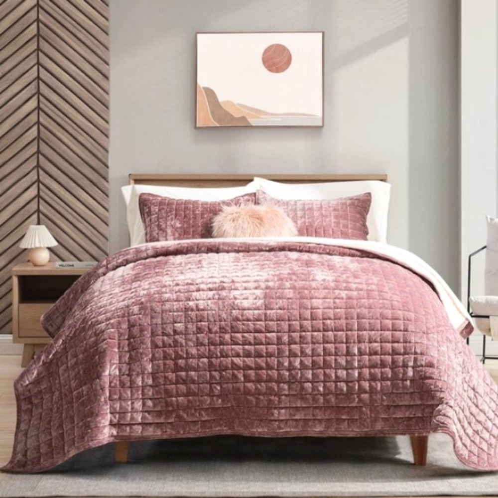 Pink Rosy Mauve Soft Quilted Squares 3pc Velvet Bedding Set King Size Bed Quilt